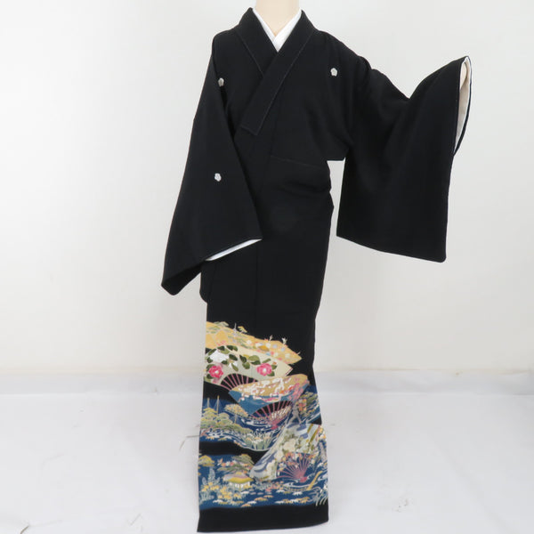 作家物 黒留袖 扇に花模様 金彩 着物 正絹 五つ紋 袷 広衿 RK-4486 黒留袖 大村洋子 扇子に花と兼六園柄 正絹 袷 広衿 比翼付 落款