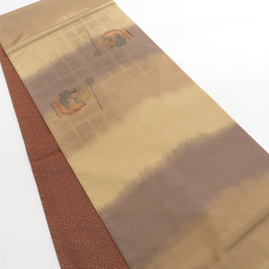 Nishijin Owin Back Obi Takagaki Texture Hishiya Rokumon Noh Noh Noh Noh, Saaya type on the hemp leaf brown pure silk casual kimono length 440cm beautiful goods