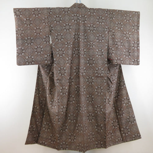 Tsumugi Kimono Antique pongee Diagonal Brown Brown Lined Collar Retro Retro Retro Roman Roman Old Kikimono 143cm