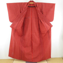 画像をギャラリービューアに読み込む, ウール着物 単衣 縞模様 織り文様 バチ衿 赤色 カジュアルきもの 仕立て上がり 身丈156cm 美品