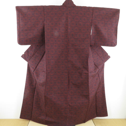 紬 着物 蜀江文 袷 広衿 黒色 赤色 正絹 カジュアル着物 仕立て上がり 身丈160cm