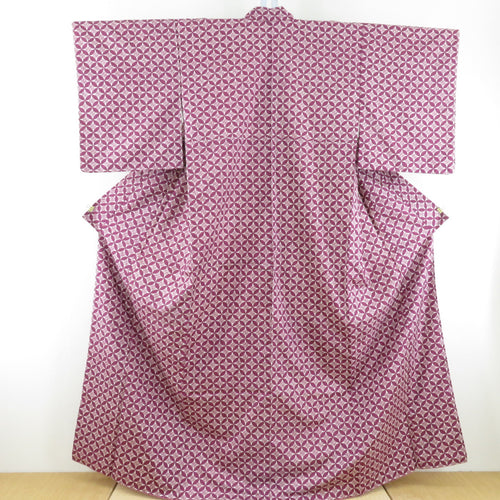 小紋 染大島 七宝文様 袷 バチ衿 紫色 正絹 カジュアル着物 仕立て上がり 身丈159cm