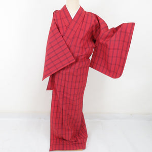 Wool kimono single garment lattice pattern weaving pattern Bachi collar red Casual kimono tailor