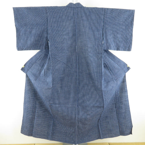浴衣 綿紬 女性用ゆかた 紺色 織り文様 縞柄 夏物 レディース 仕立て上がり 身丈148cm