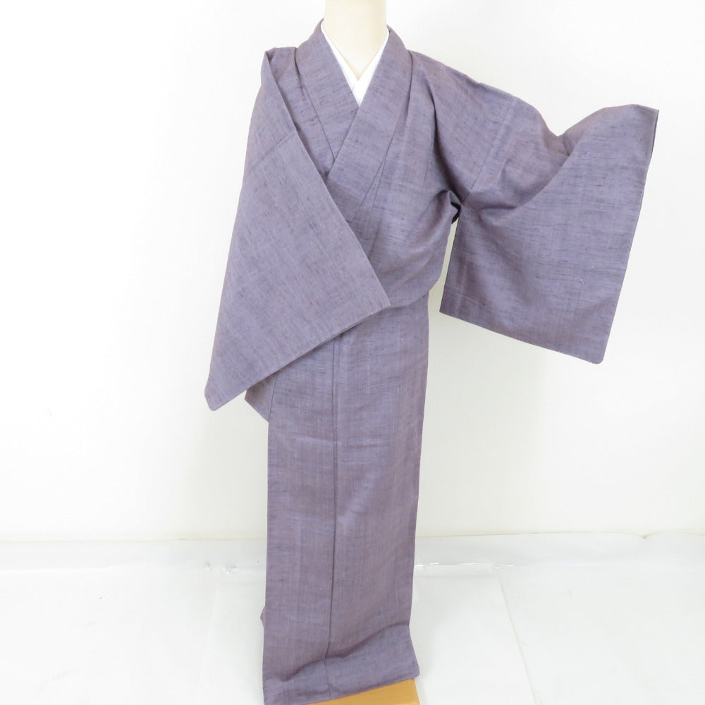 紬 着物 色無地 単衣 バチ衿 紫色 正絹 紋なし カジュアル着物 仕立て 