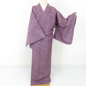 紬 着物 格子 単衣 バチ衿 紫色 正絹 カジュアル着物 仕立て上がり 身丈155cm