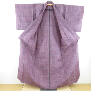 紬 着物 格子 単衣 バチ衿 紫色 正絹 カジュアル着物 仕立て上がり 身丈155cm