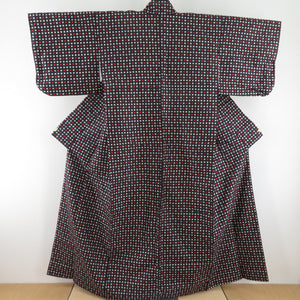Antique Meisen kimono lattice pattern wide collar black lined casual kimono Retro stall 157cm