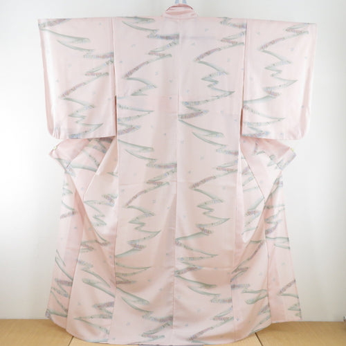 夏着物 絽 単衣 葉柄 桃色 染め文様 広衿 夏用 洗える ポリエステル カジュアルきもの 仕立て上がり 身丈160cm