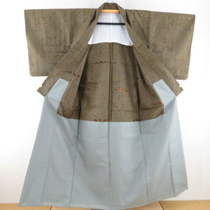 Wool kimono single clothing uniform striped striped striped bamboo leaves pattern woven pattern Bachi collar green brown casual kimono tailor height 152cm