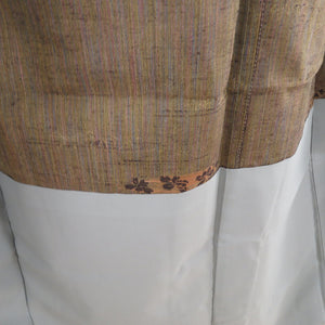 ウール着物 単衣 胴抜き 縞に笹紅葉模様 織り文様 バチ衿 緑茶色 カジュアルきもの 仕立て上がり 身丈152cm