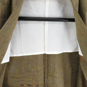 ウール着物 単衣 胴抜き 縞に笹紅葉模様 織り文様 バチ衿 緑茶色 カジュアルきもの 仕立て上がり 身丈152cm