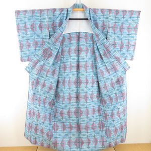 ウール着物 単衣 変わり格子模様 織り文様 バチ衿 青色 カジュアルきもの 仕立て上がり 身丈152cm