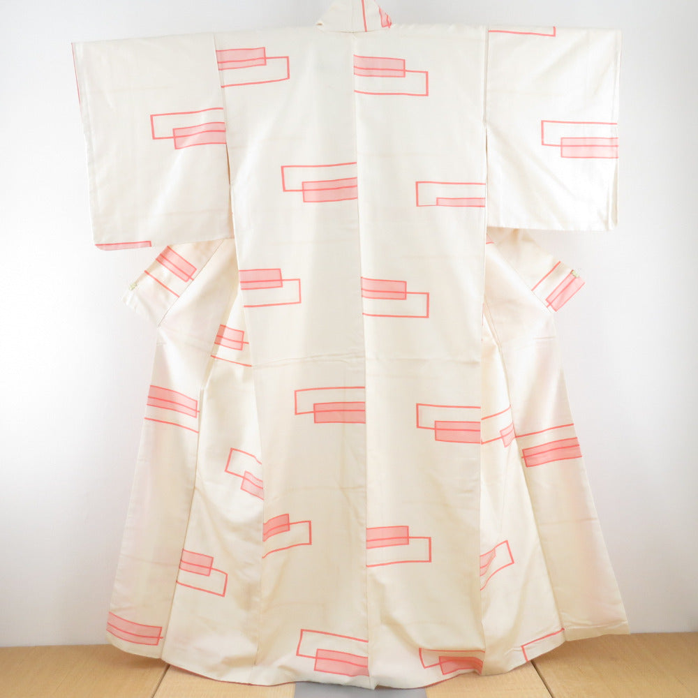 Tsumugi kimono square pattern pattern lined collar beige color pure silk casual kimono tailor