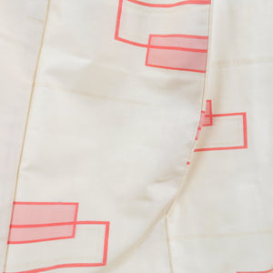 紬 着物 四角文様 袷 広衿 ベージュ色 正絹 カジュアル着物 仕立て上がり 身丈156cm