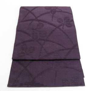 名古屋帯 夏用 ススキに萩文様 ポリエステル 洗える 全通柄 紫色 八寸帯 開き仕立て 着物帯 長さ380cm