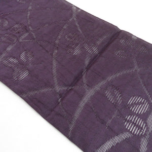 名古屋帯 夏用 ススキに萩文様 ポリエステル 洗える 全通柄 紫色 八寸帯 開き仕立て 着物帯 長さ380cm