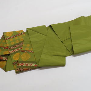 名古屋帯 横段飾り縞 茶緑色 正絹 六通柄 九寸帯 カジュアル 仕立て上がり 着物帯 長さ361cm