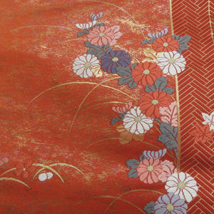 名古屋帯 菊文様 箔 赤茶色 正絹 六通柄 九寸帯 カジュアル 仕立て上がり 着物帯 長さ360cm 美品