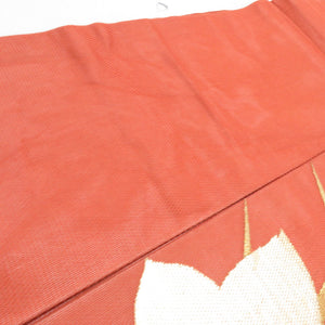 名古屋帯 紗 夏用 桔梗 橙色 正絹 お太鼓柄 九寸帯 カジュアル 芯入り仕立て 着物帯 長さ348cm