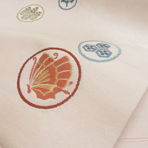 名古屋帯 丸に家紋文様 桃色 正絹 六通柄 九寸帯 カジュアル 仕立て上がり 着物帯 長さ358cm