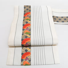 Load image into Gallery viewer, Nagoya Obi embroidery in Aomi waves on a fan pattern white pure silk six -handed pattern 9 -inch belt casual tailoring kimono length 365cm