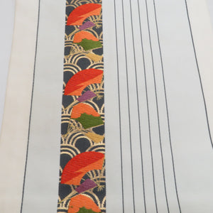 名古屋帯 刺繍 青海波に扇子文様 白色 正絹 六通柄 九寸帯 カジュアル 仕立て上がり 着物帯 長さ365cm