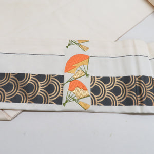 名古屋帯 刺繍 青海波に扇子文様 白色 正絹 六通柄 九寸帯 カジュアル 仕立て上がり 着物帯 長さ365cm