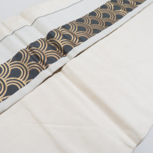 Nagoya Obi embroidery in Aomi waves on a fan pattern white pure silk six -handed pattern 9 -inch belt casual tailoring kimono length 365cm