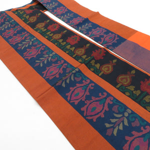 名古屋帯 紬 更紗文様 茶橙色 正絹 六通柄 九寸帯 カジュアル 仕立て上がり 着物帯 長さ345cm