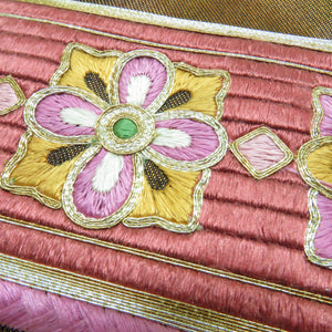 名古屋帯 作り帯 刺繍 横花段文様 茶色 正絹 付け帯 和装 軽装帯 カジュアル 普段着物