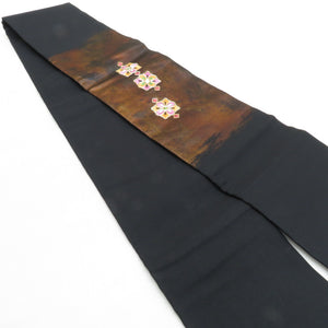名古屋帯 作り帯 刺繍 横花段文様 茶色 正絹 付け帯 和装 軽装帯 カジュアル 普段着物
