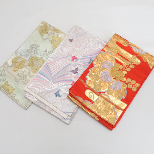 袋帯 3本セット オレンジｘピンクｘ薄緑 金糸 銀糸 絹 レトロ まとめ売り