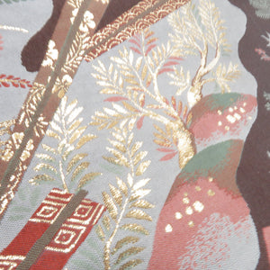 袋帯 道長裂扇子草花文 織り文様 紫茶色 金糸 六通柄 正絹 セミフォーマル 仕立て上がり 着物帯 長さ440cm