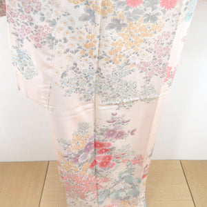 Komon -attached pattern chrysanthemum chrysanthemum lined collar peach peach beige color pure silk casual kimono tailored 164cm