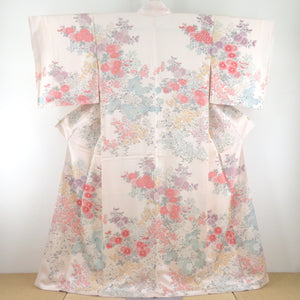 Komon -attached pattern chrysanthemum chrysanthemum lined collar peach peach beige color pure silk casual kimono tailored 164cm