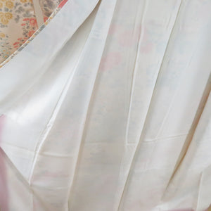 小紋 付下げ柄 菊づくし 袷 広衿 桃ベージュ色 正絹 カジュアル着物 仕立て上がり 身丈164cm