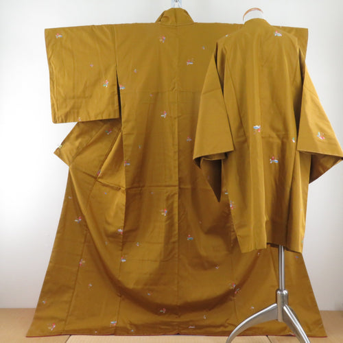 紬 着物 アンサンブル 道行付 花文様 袷 広衿 黄色 正絹 カジュアル 仕立て上がり 身丈170cm