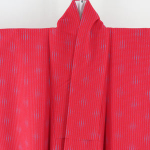 小紋 縞ドット柄 洗える着物 ポリエステル Lサイズ 赤色 カラー胴裏 袷 広衿 仕立て上がり カジュアル 身丈166cm