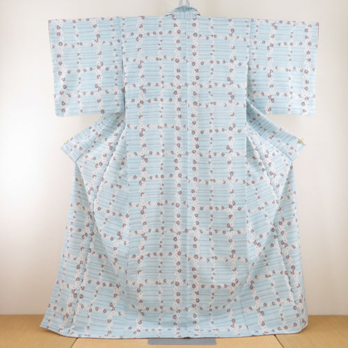 小紋 花格子柄 洗える着物 ポリエステル 水色 袷 広衿 仕立て上がり カジュアル 身丈166cm