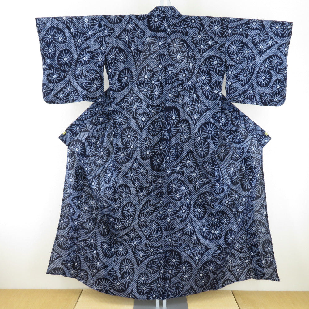 浴衣 絞り 女性用ゆかた 藍紺色 花文様 夏物 レディース 仕立て上がり 身丈155cm