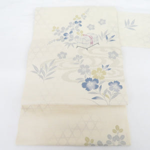 Nagoya Obi Silk Sna Mendi blended Insect basket in a bonus and Hagi dyed pattern white beige nine -inch belt casual kimono length 366cm