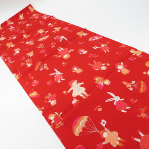 撫松庵 帯揚げ 正絹 女の子 兎 モダン柄 赤色 絹100％ カジュアル 長さ166cm