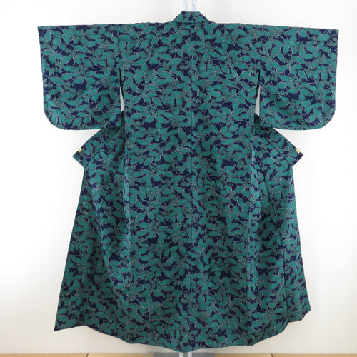 ウール着物 単衣 野花文様 織り柄 紺色 バチ衿 カジュアルきもの 普段着物 仕立て上がり 身丈145cm