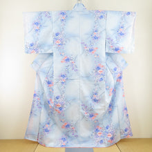 Load image into Gallery viewer, Komon peony and flower pattern Thin blue blue lined wide collar Washing kimono tailoring polyester kimono 160cm