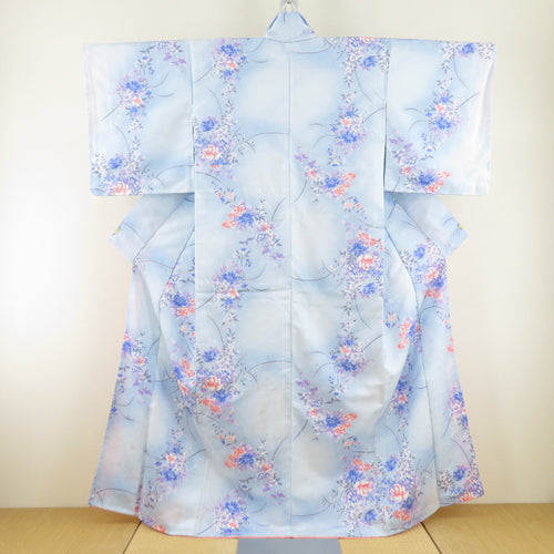 小紋 牡丹に花文様 薄青色 袷 広衿 洗える着物 仕立て上がり ポリエステル着物 身丈160cm
