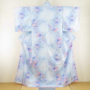 Komon peony and flower pattern Thin blue blue lined wide collar Washing kimono tailoring polyester kimono 160cm