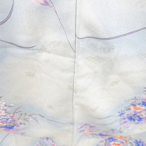 Komon peony and flower pattern Thin blue blue lined wide collar Washing kimono tailoring polyester kimono 160cm