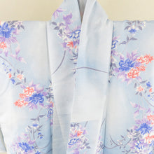 Load image into Gallery viewer, Komon peony and flower pattern Thin blue blue lined wide collar Washing kimono tailoring polyester kimono 160cm