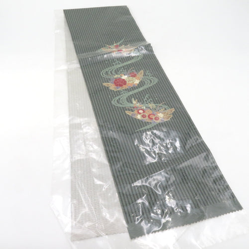 Half collar flower raft stripe green black kimono accessory length 120cm unused item